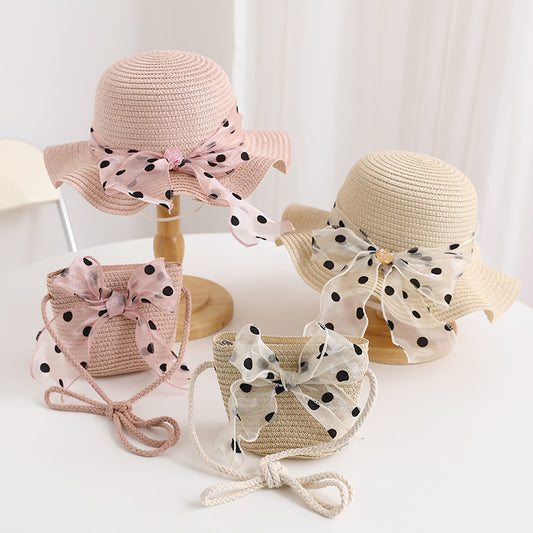 Girls' Polka Dot Bow Kids Bag Straw Beach Sun Hat