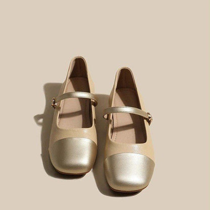 Gold single shoes thick heel leather shoes