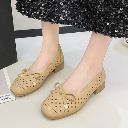 Korean version of square head hollow bow shoes