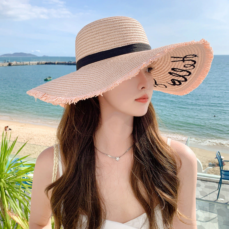 New Women¡¯s Fashion Letter Wide-Brim Breathable Straw Hat Sun Protection