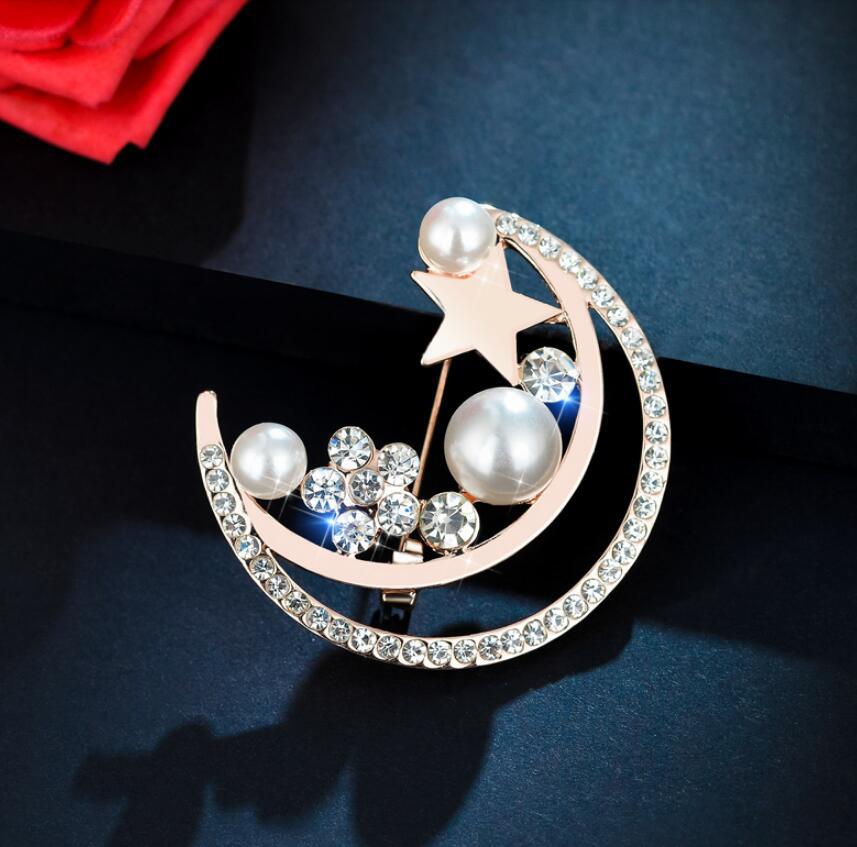 Moon Star Rhinestone Imitation Pearl Brooch