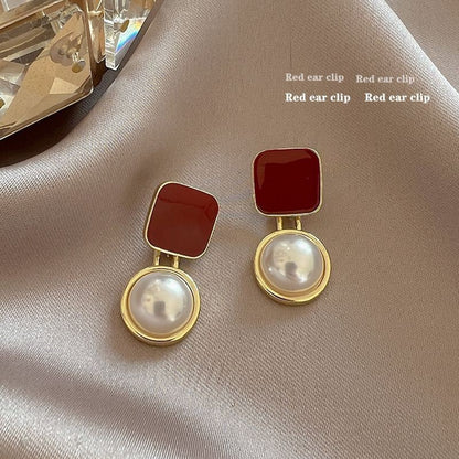 Red blue square pearl stud earrings