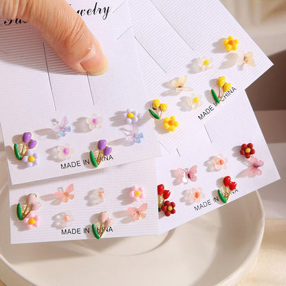 Colorful butterfly and flower earrings set 8 pieces