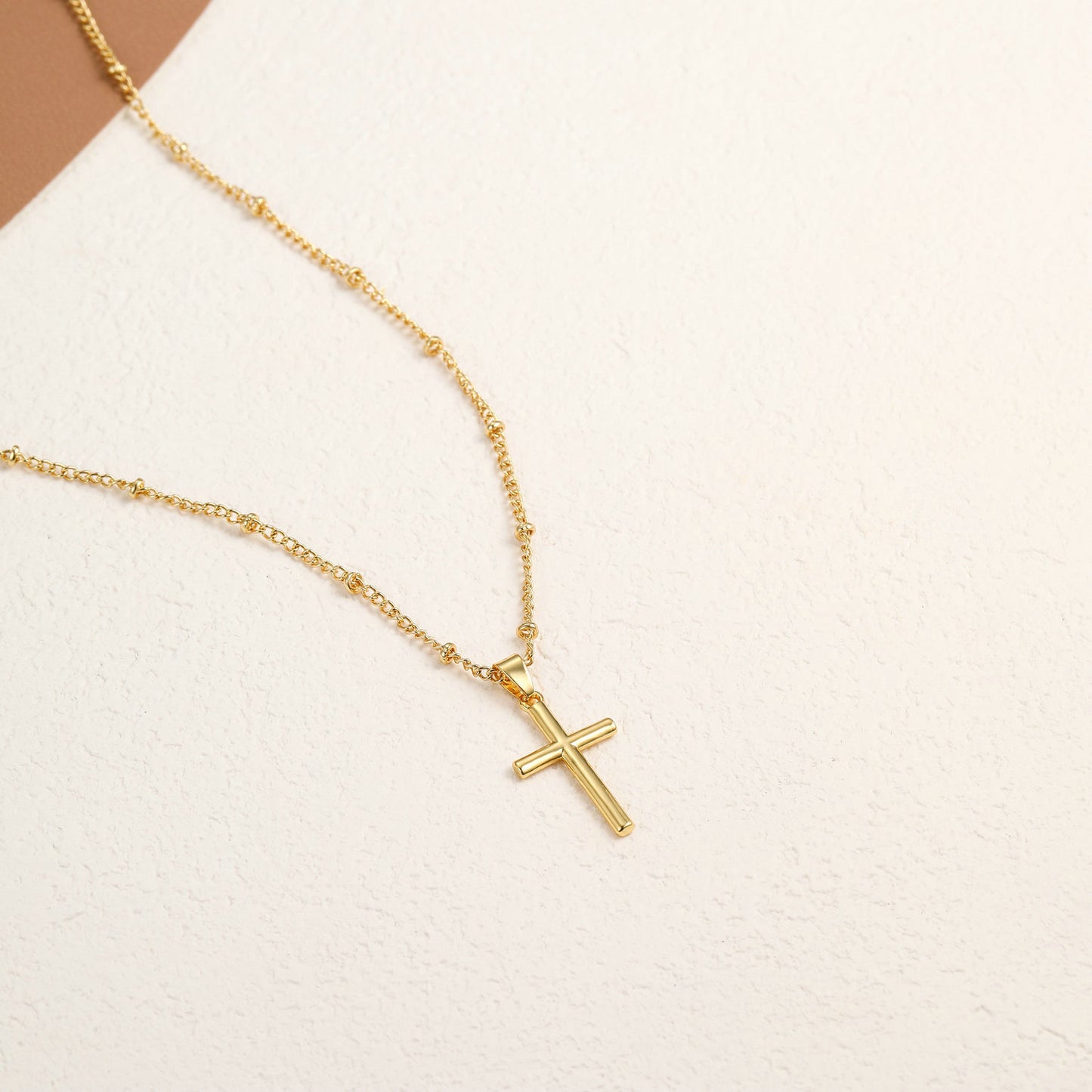 Simple Copper Bead Chain Cross Pendant Necklace