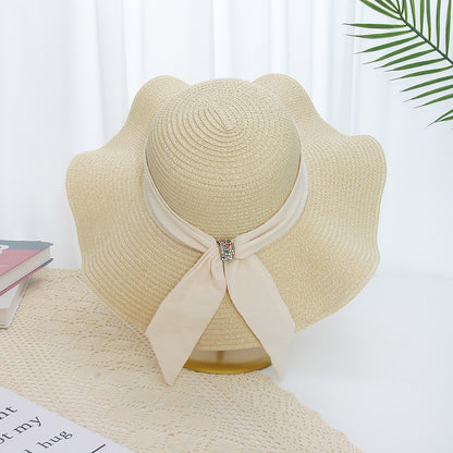 Floral Wave-Edge Straw Hat Women Summer French Beach Wide-Brim Sun Hat