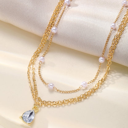 Three-layer necklace pearl teardrop pendant