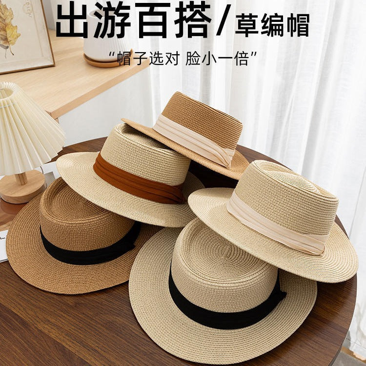 Adjustable Flat Top Hat French Weave Summer Wide Brim Sun