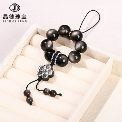 7A Natural Silver Obsidian Round Bead Mobile Phone Chain Pendant