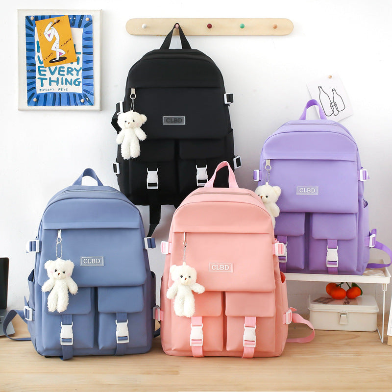 Solid color multi-pocket high school student backpack