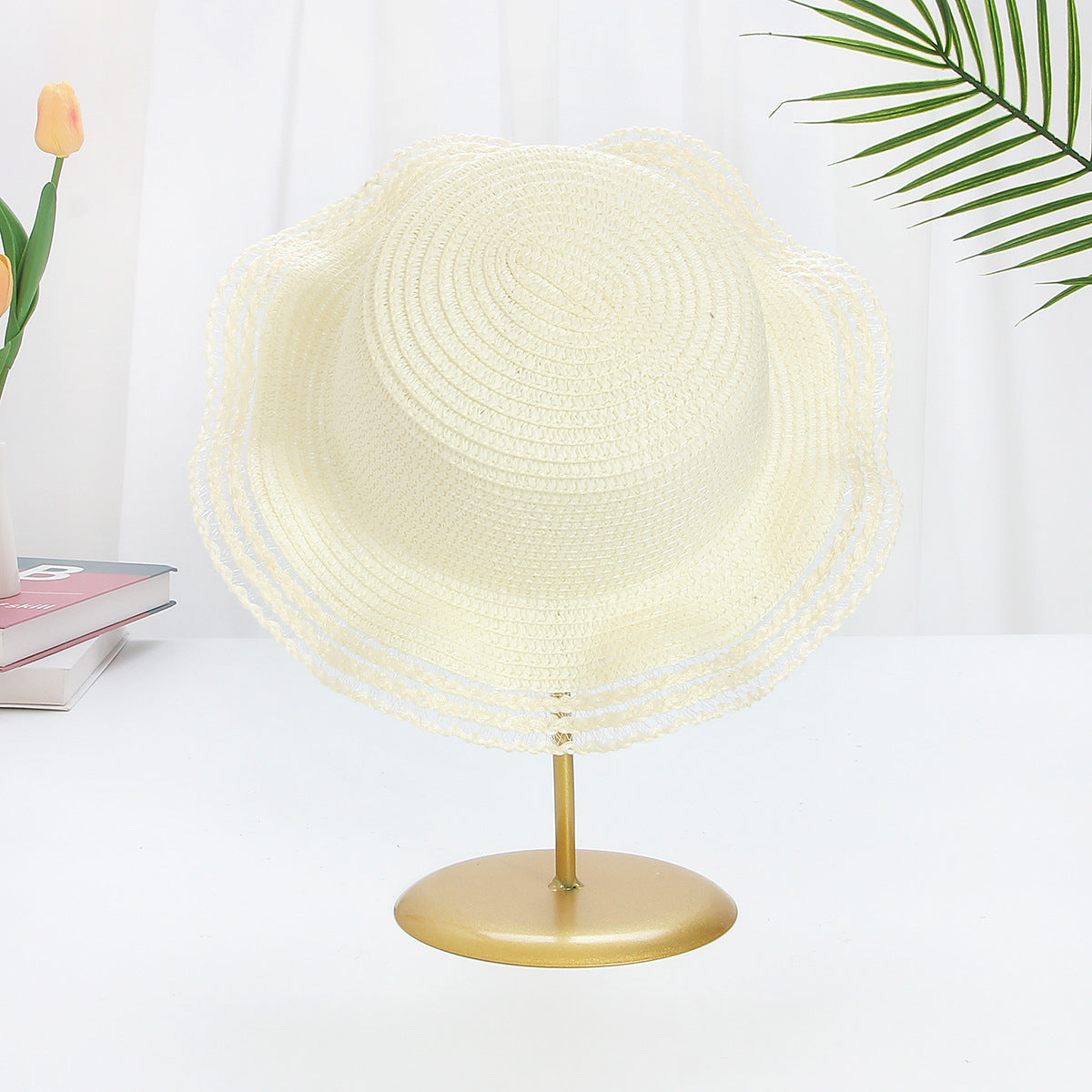 Sombrero de paja DIY en blanco de verano con ala grande ondulada y protección solar 