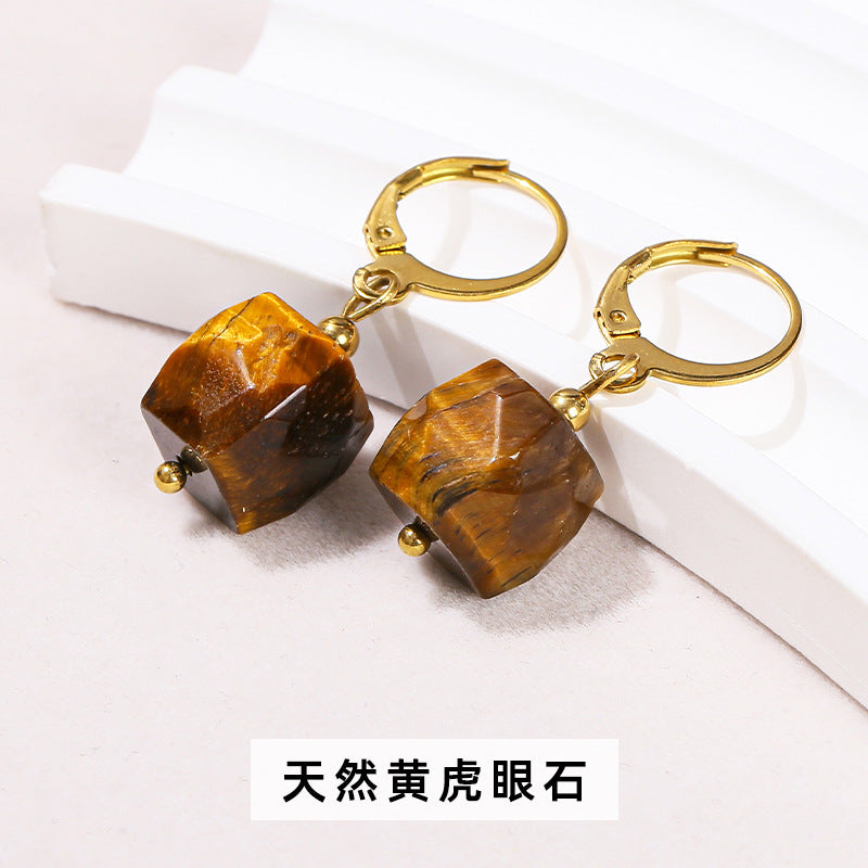 Natural yellow tiger's eye stone sugar cube stainless steel earrings