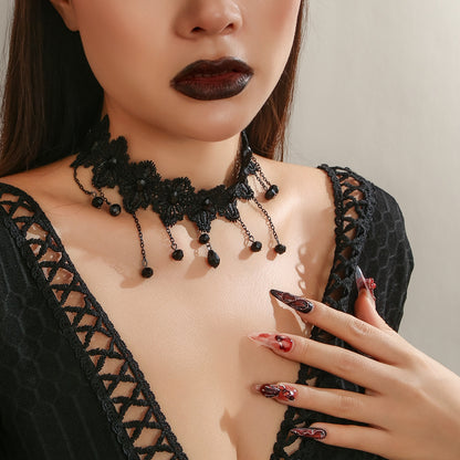 Black Gothic Feng Shui Drop Fringed Necklace