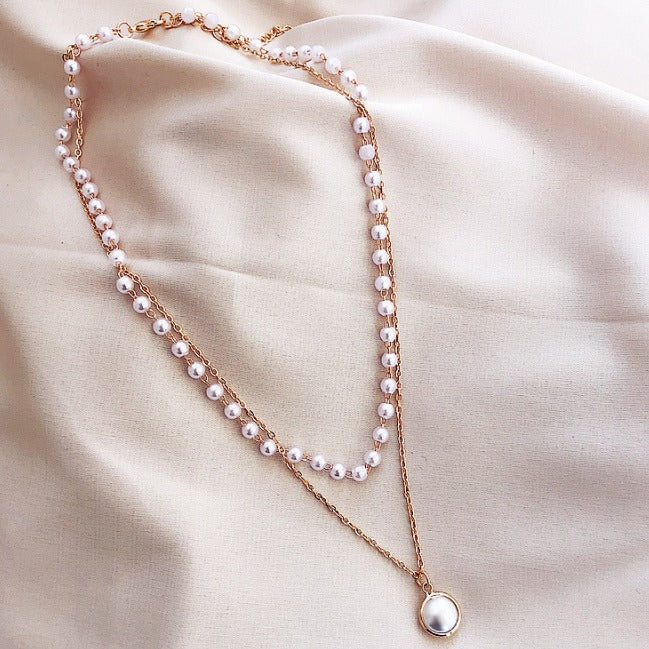 Simple chain beaded multi-layer necklace pearl