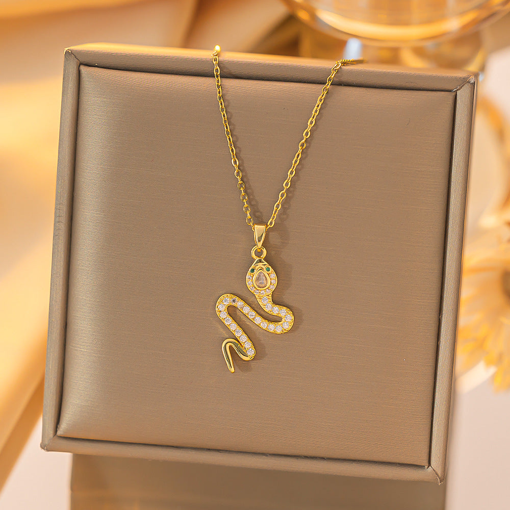 Zircon snake pendant titanium steel necklace