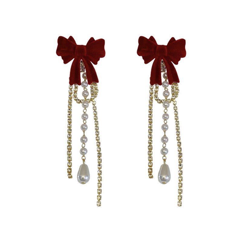 Burgundy Flocking Bow Pearl Fringed Earrings