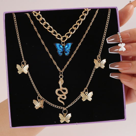 Colorful butterfly necklace three-layer necklace