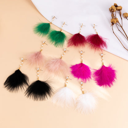 Feather fringed imitation pearl earrings