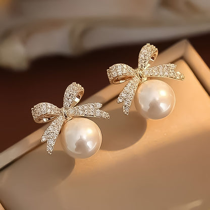 Bowknot Diamond Vintage Pearl Earrings