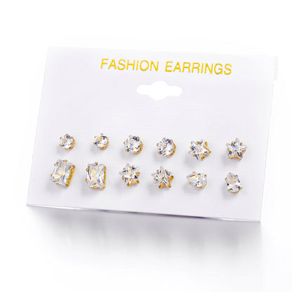 Star Heart Geometric Zircon Earrings 6-Piece Set