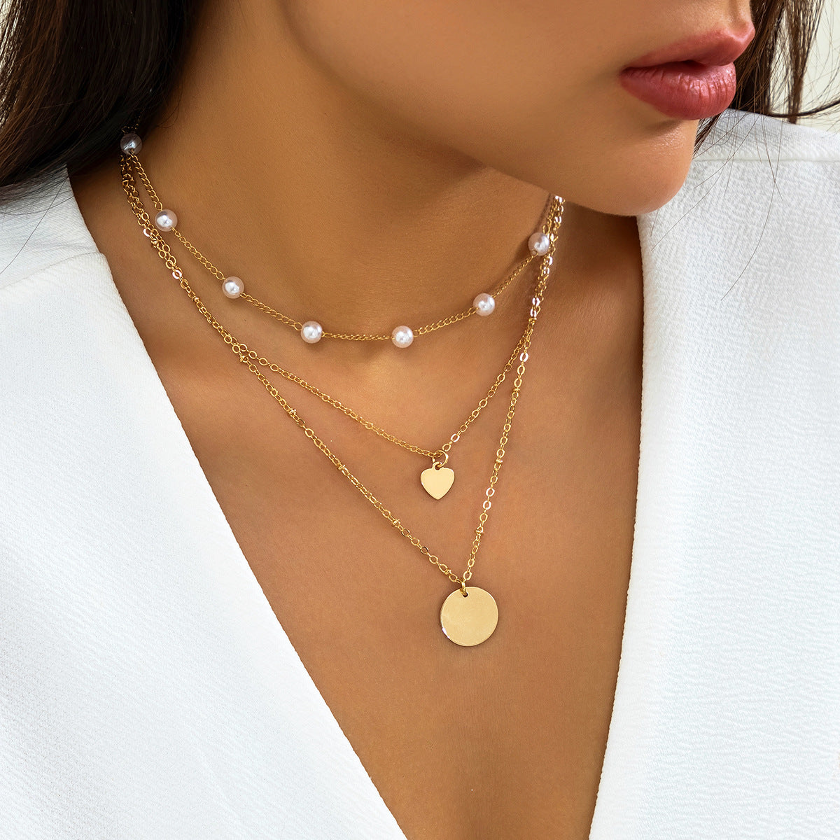 Pearl geometric disc sweet cool necklace