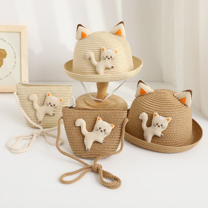 Cat Straw Hat Animal Bag Set Sun Protection Cute Travel Kids Fisherman