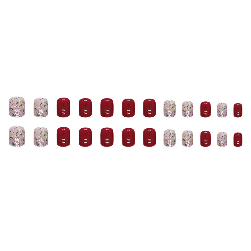 Vintage Burgundy Glitter Short Square Fake Nails