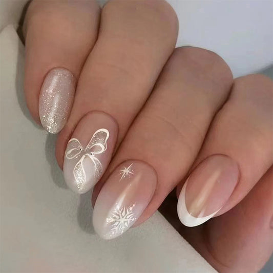 French Snowflake Bow Champagne Glitter Nails