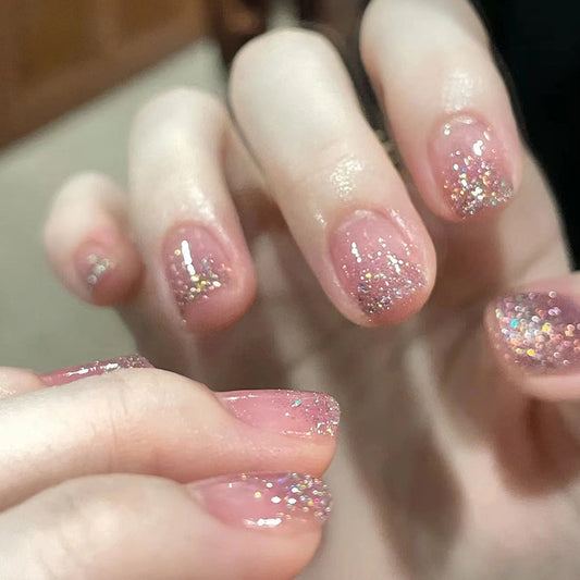 Short Mirror Pink Sparkle Nails