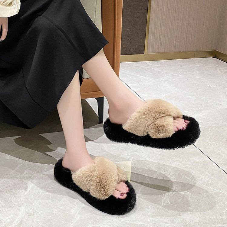 Rabbit fur cross slippers