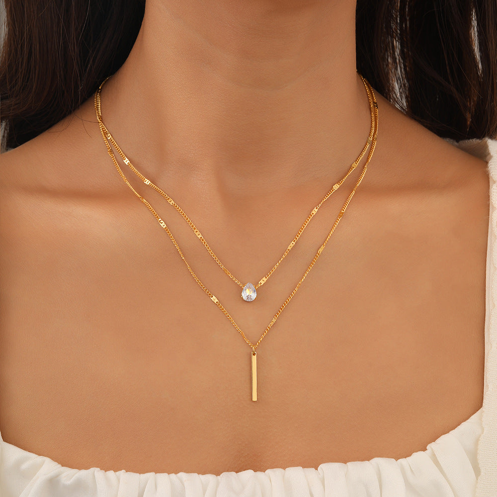 Double-layer teardrop-shaped diamond long tassel necklace