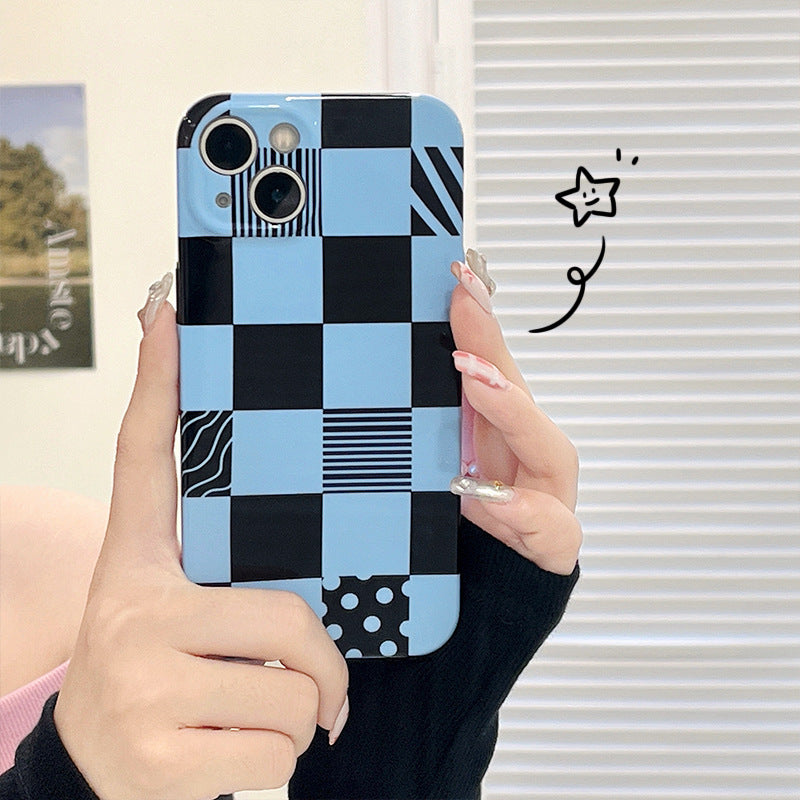 Funda rígida con diseño de perro para iPhone X y diseño a cuadros azules y negros para Apple 15 Pro 