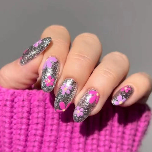 Silver Glitter Dual Flower Pink Purple Nails