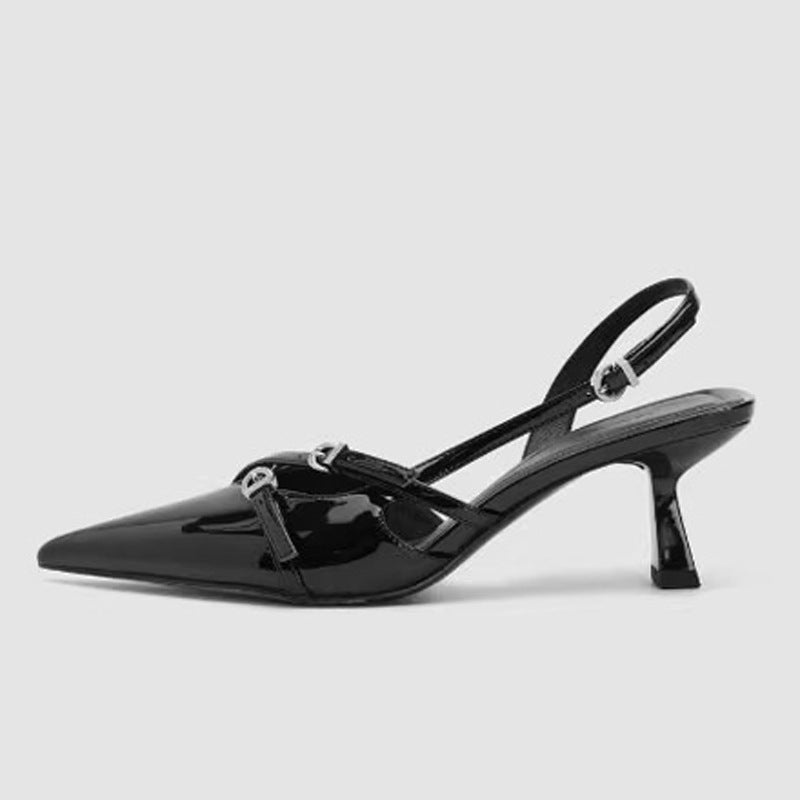 Black French mid-heel sandals