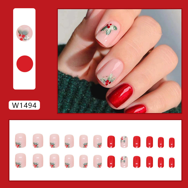 Western Style Red Floral Short Square Fake Nails