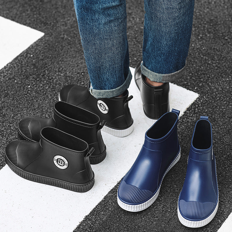 Rain shoes with soft soles are waterproof for outer wear.