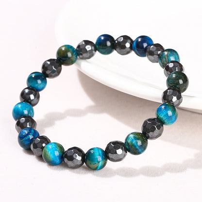 Natural black gallstone sapphire blue tiger's eye stone round bead bracelet.