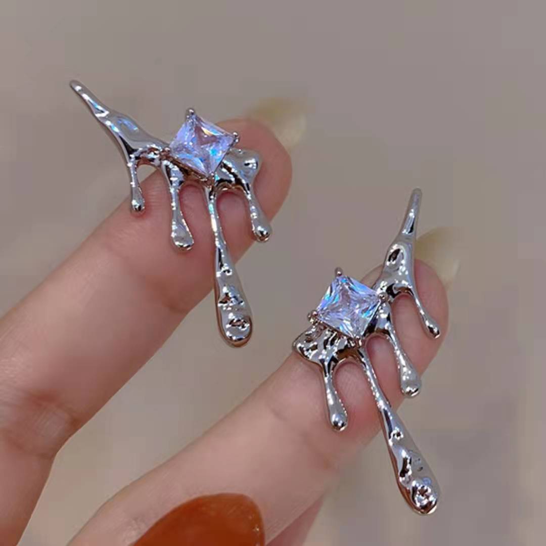 Water Drop Diamond Unique Liquid Stud Earrings Jewelry