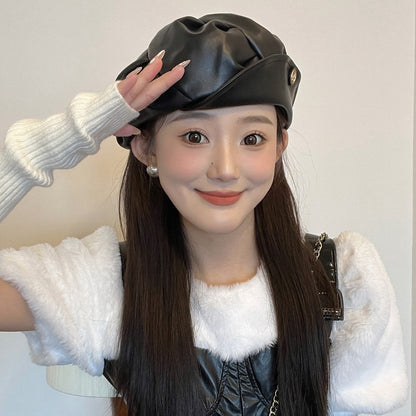 Black PU Beret Ruffled Vintage, Fall/Winter