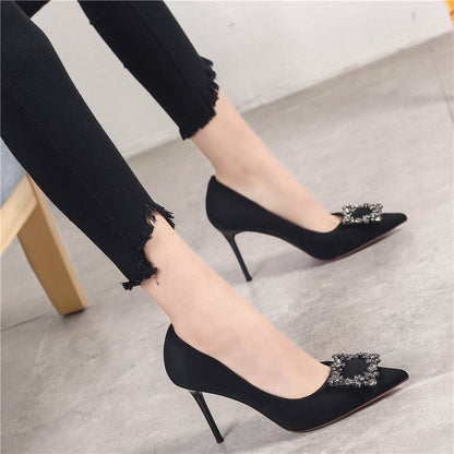 Pointed Suede Stiletto Shoes Rhinestones