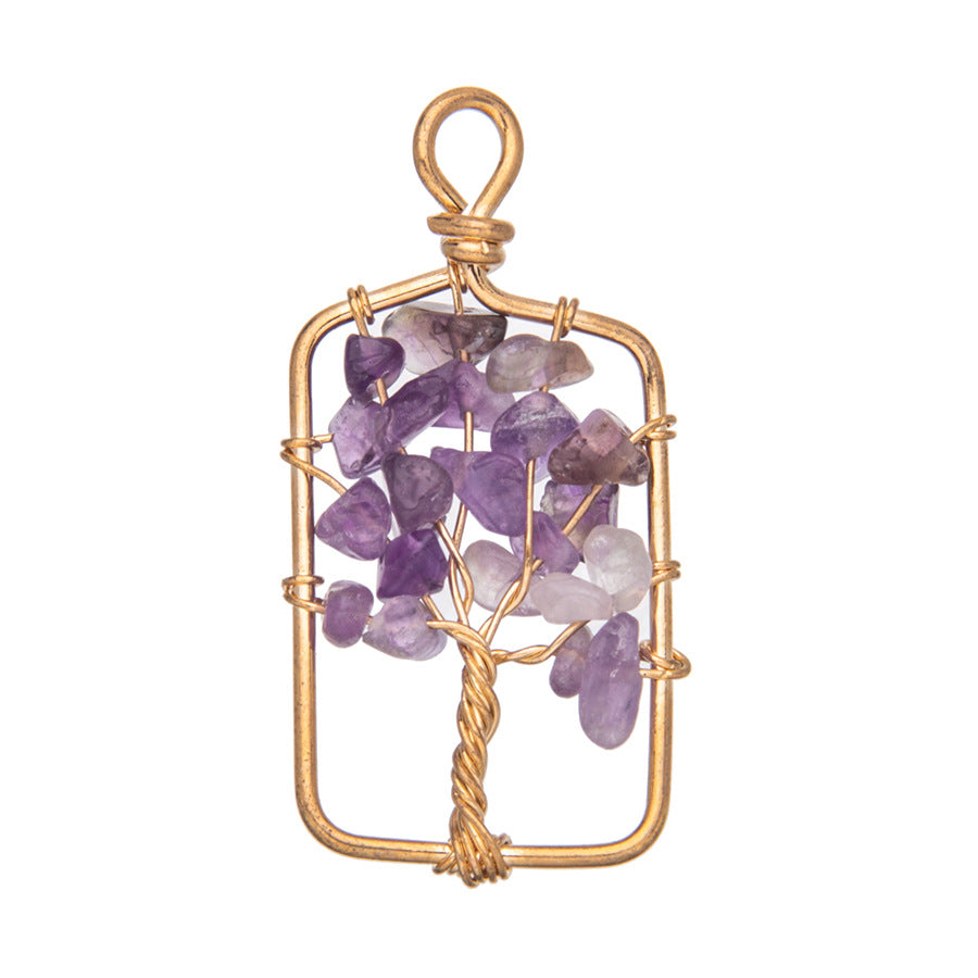 Crystal Rectangular Wire Wrap Tree of Life Pendant