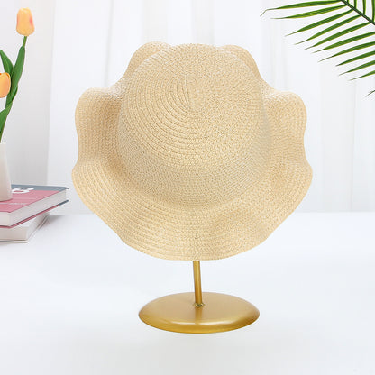 Sombrero de paja ondulado para niños con cordón resistente al viento y ala grande con protección solar 