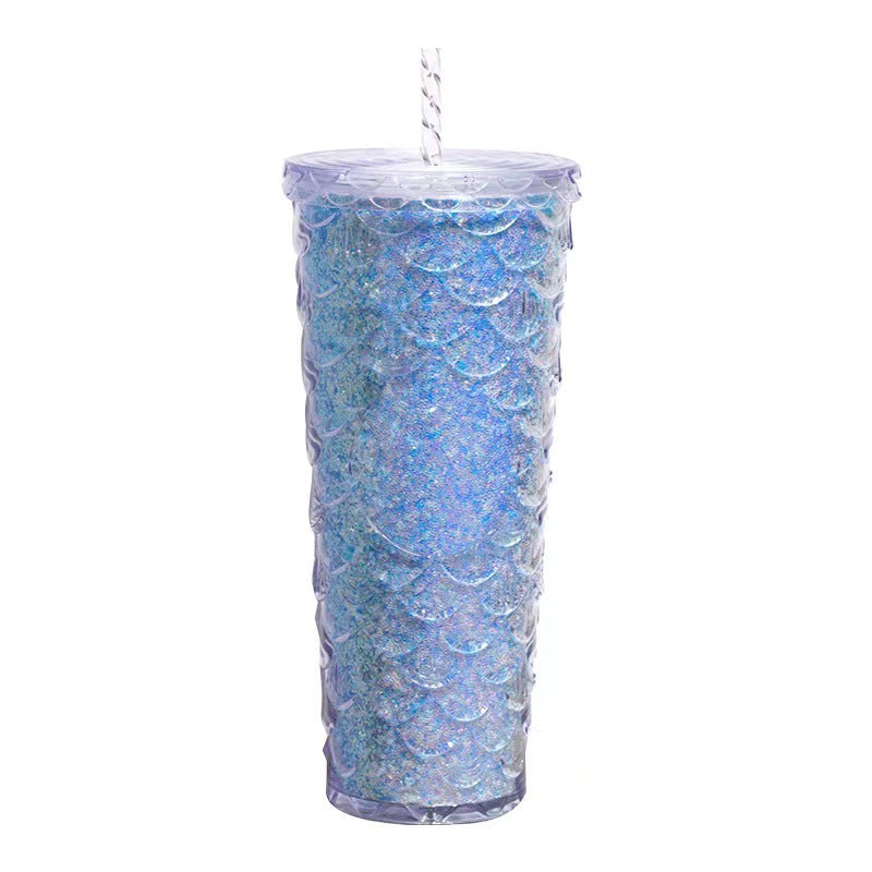 Scaled Pattern Large Capacity Double-Layer Plastic Straw Bottle