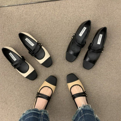 Square head color matching flat women's shoes