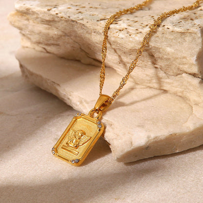 Square Embossed Angel Pendant Necklace