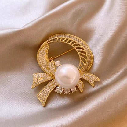 Ring Bow Ribbon Pearl Brooch