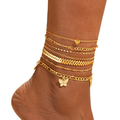 Multi-layered beach anklet set 7 pieces