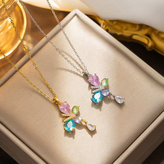 Elegant Butterfly Necklace with Colorful Zirconia