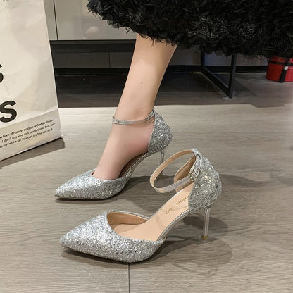 Rhinestone pointed silver high heels women