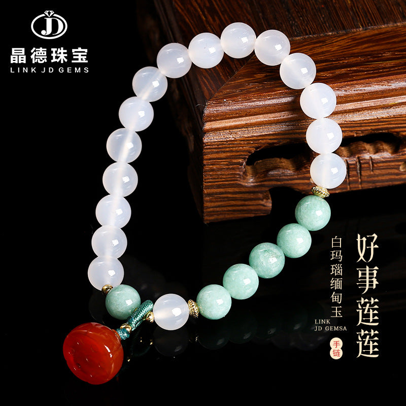 Natural white agate Myanmar jade bead bracelet