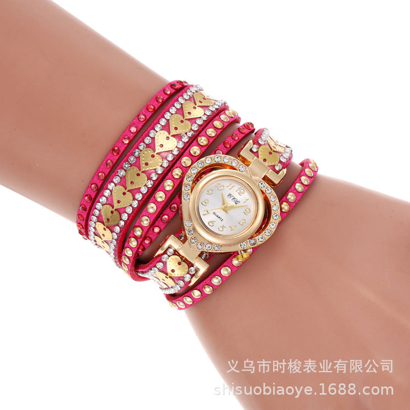 Wrap-Around Diamond-Embedded Bracelet Watch Heart Dial